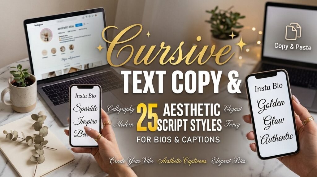 A warm-toned blog thumbnail. The center text reads "CURSIVE TEXT COPY & PASTE: 25 AESTHETIC SCRIPT STYLES FOR BIOS & CAPTIONS." Hands hold two smartphones displaying fancy font mockups for Instagram bios. A laptop, a mug, plants, and dried flowers are on a desk in the background.