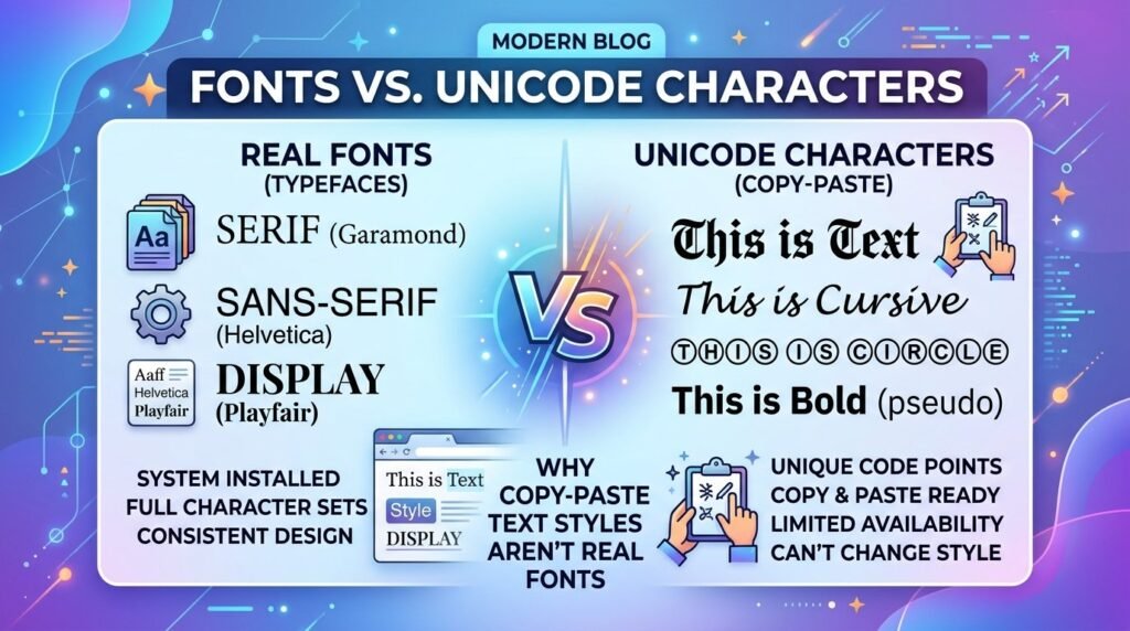 Side-by-side visual comparison infographic explaining the difference between real system fonts (Serif, Sans-Serif, Display) and Unicode copy-paste text styles (Gothic, Cursive, Enclosed Circles) for blog articles.