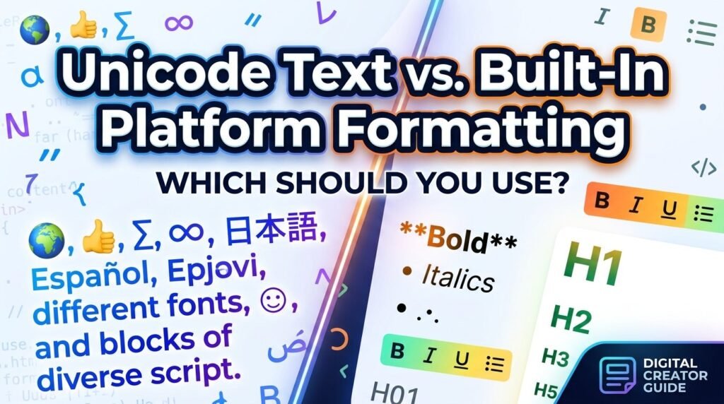 Split-screen blog graphic comparing Unicode text symbols and foreign scripts on the left with built-in platform formatting tools like bold, italics, and heading tags on the right.